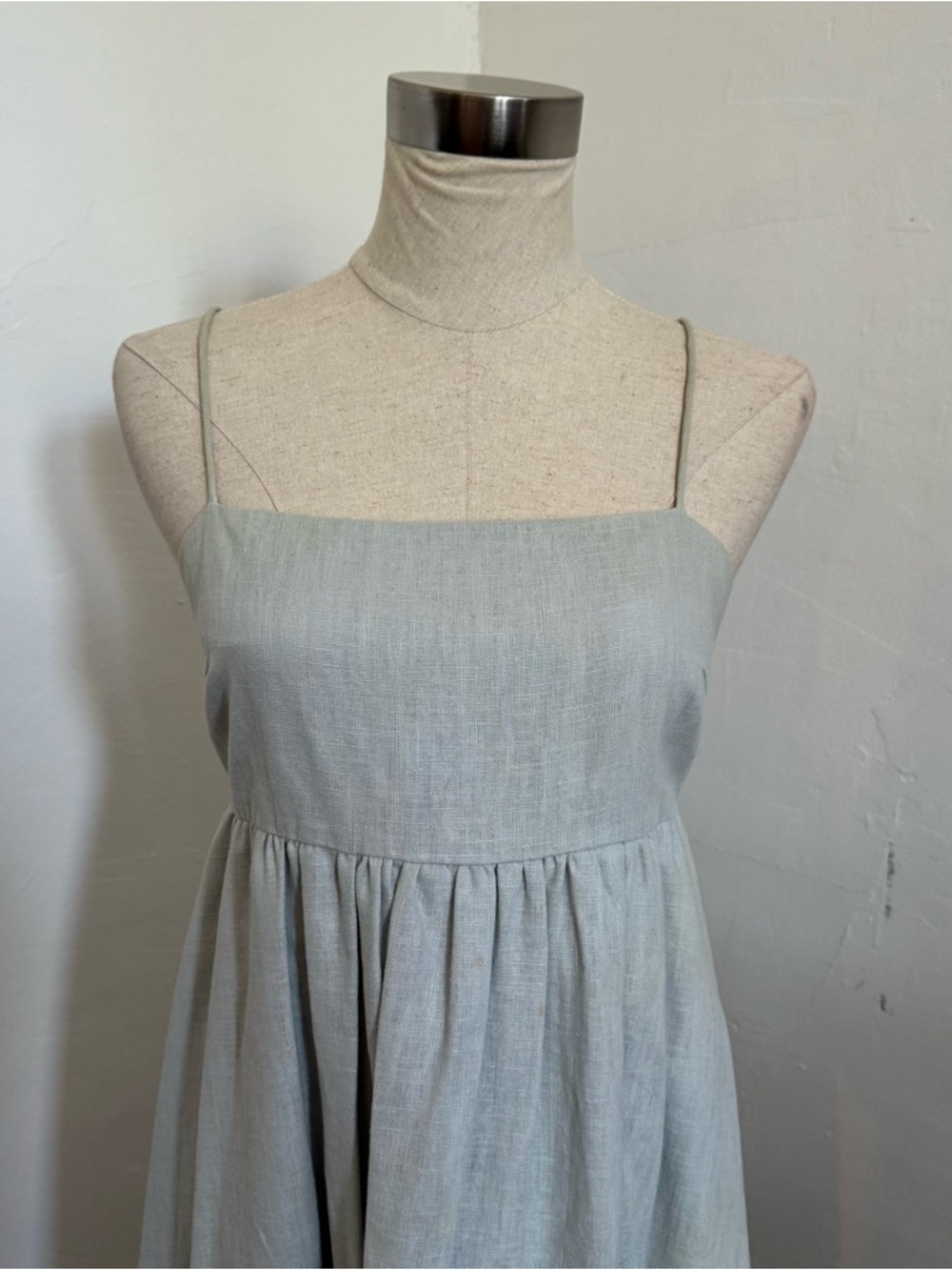 ASOS Linen Light Blue Spaghetti-Strap Maxi Dress with Scalloped Skirt